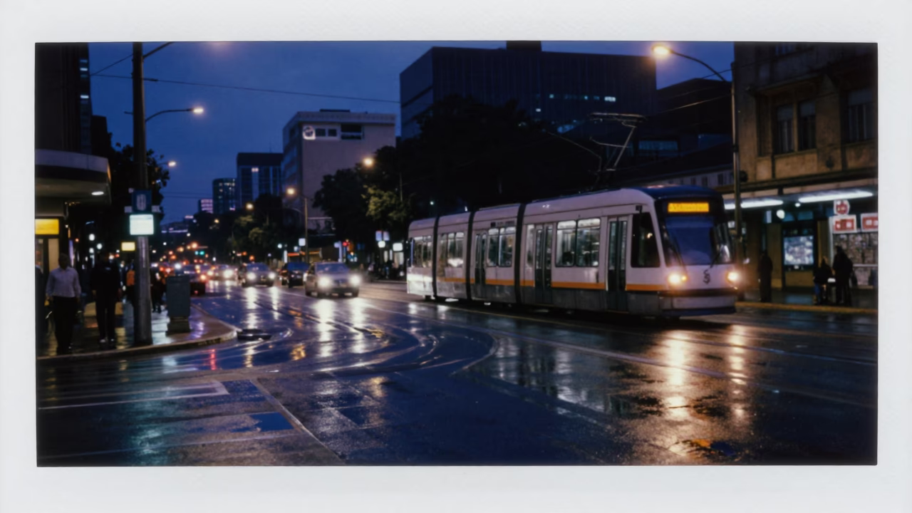 Predawn Johannesburg Street Scene with Tram Reflections and Urban Architecture in in Johannesburg, South Africa