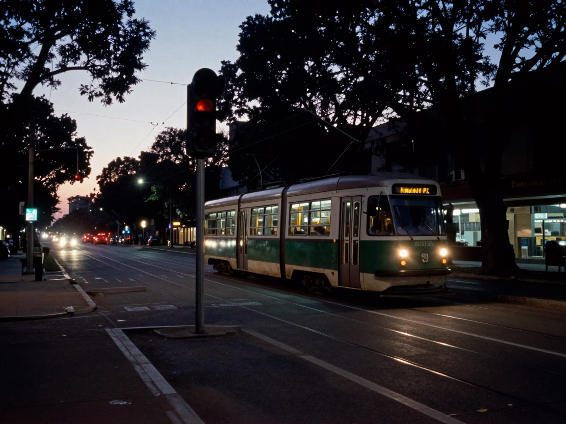 Predawn Johannesburg Street Scene with Tramcar and Railway Signal Cabin in in Johannesburg, South Africa