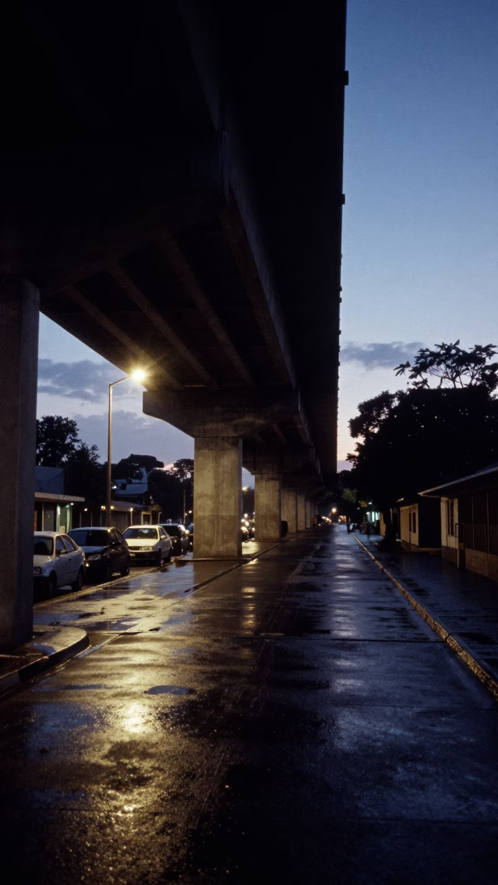 Predawn Johannesburg Street Scene with Viaduct Shadow and Allotment Gardens in in Johannesburg, South Africa