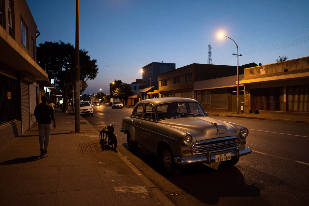 Predawn Johannesburg Street Scene with Vintage Car and Iron Deadbolt Detail in in Johannesburg, South Africa