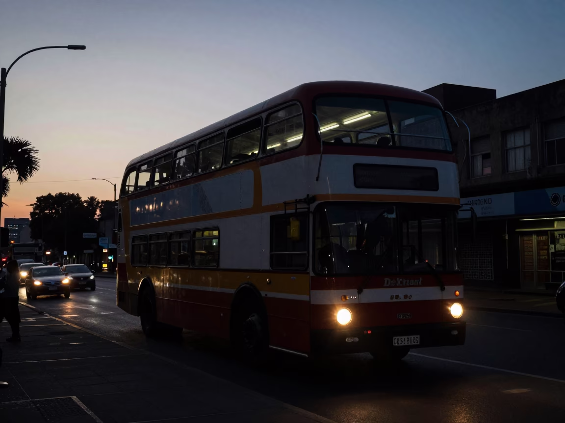 Predawn Johannesburg Street Scene with Vintage Double-Decker Bus and Urban Shadows in in Johannesburg, South Africa