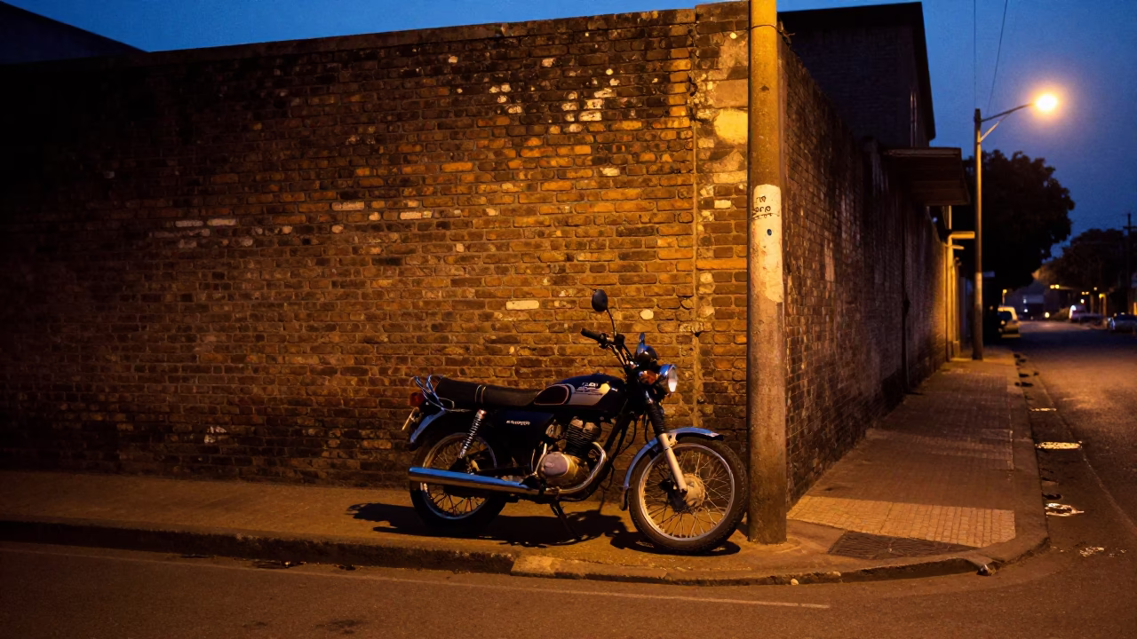 Predawn Johannesburg Street Scene with Vintage Motorcycle and Ceramic Cup on Concrete in in Johannesburg, South Africa