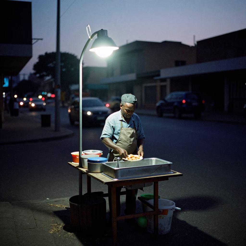 Predawn Johannesburg Street Vendor with Cookie Tin and Sink Setup in in Johannesburg, South Africa