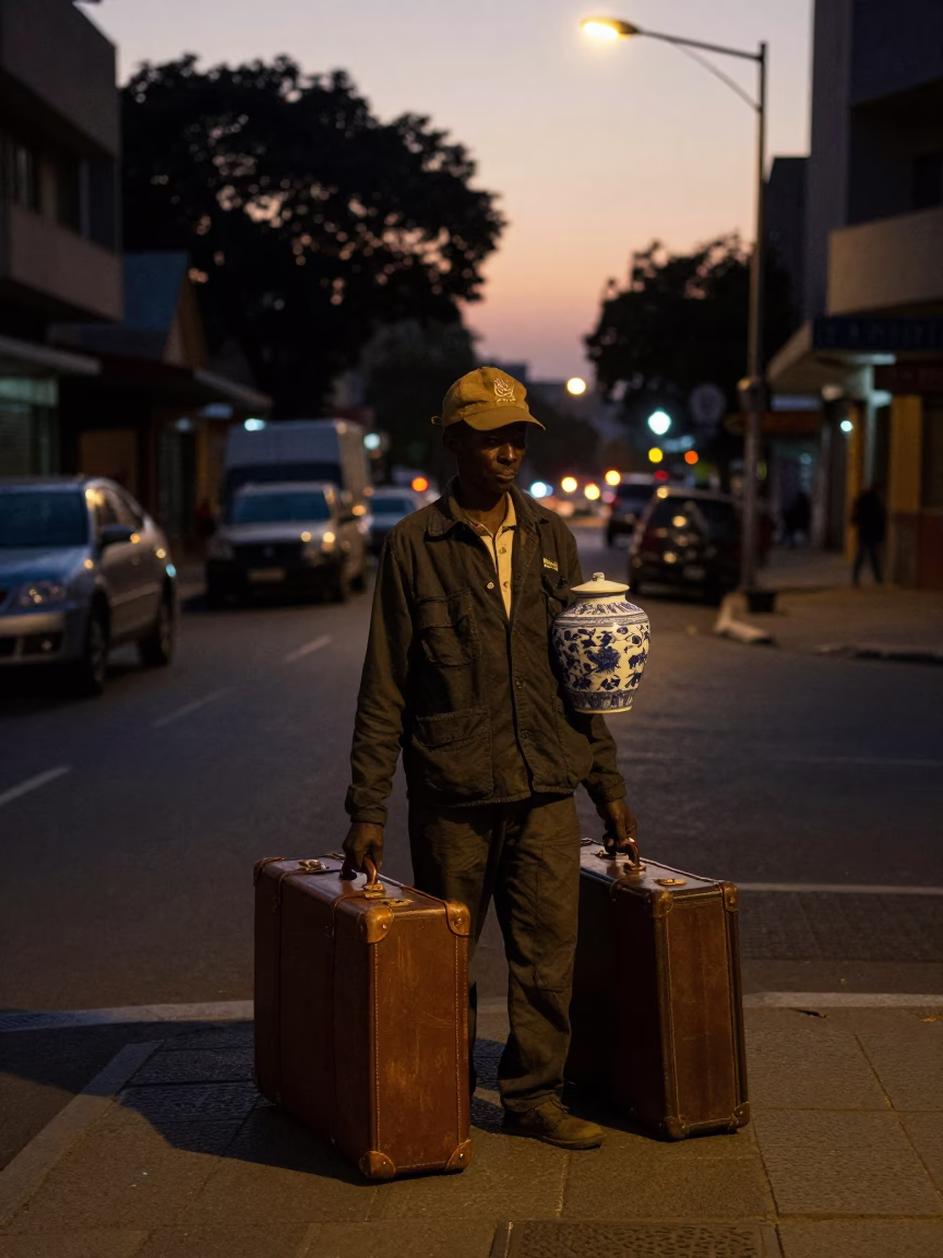 Predawn Johannesburg street vendor with suitcases and porcelain jar in in Johannesburg, South Africa