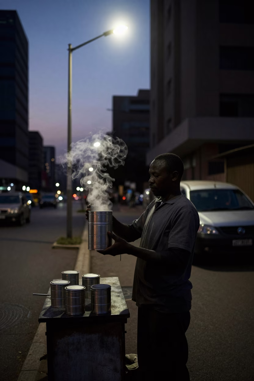 Predawn Johannesburg Street Vendor with Tiffin Tin and Steam in City Lights in in Johannesburg, South Africa