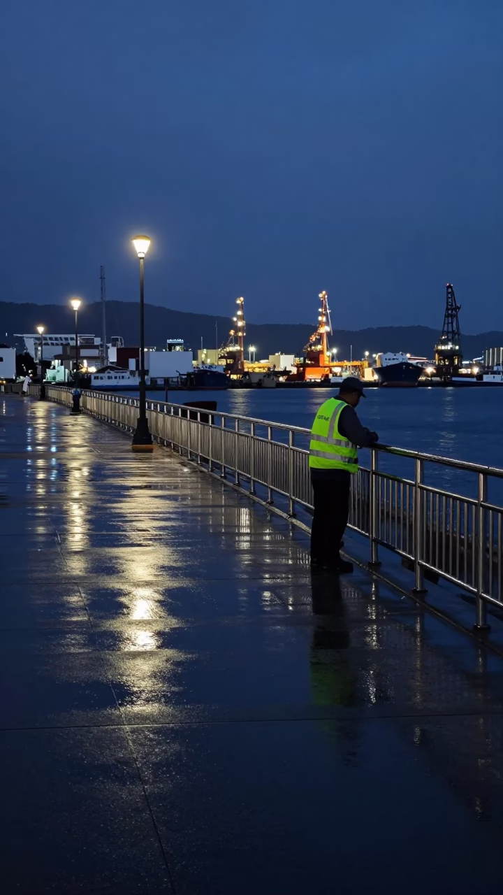 Predawn Kaohsiung Harbor Reflections on Brushed Steel and Wet Asphalt in in Kaohsiung, Taiwan