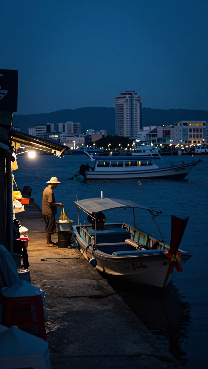 Predawn Kaohsiung Harbor Street Scene with Longtail Boat and Local Morning Routine in in Kaohsiung, Taiwan