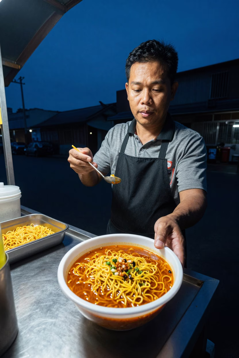 Predawn Kaohsiung Street Food Vendor Serving Laksa Lemac with Thick Noodles in Plastic Bowl in in Kaohsiung, Taiwan