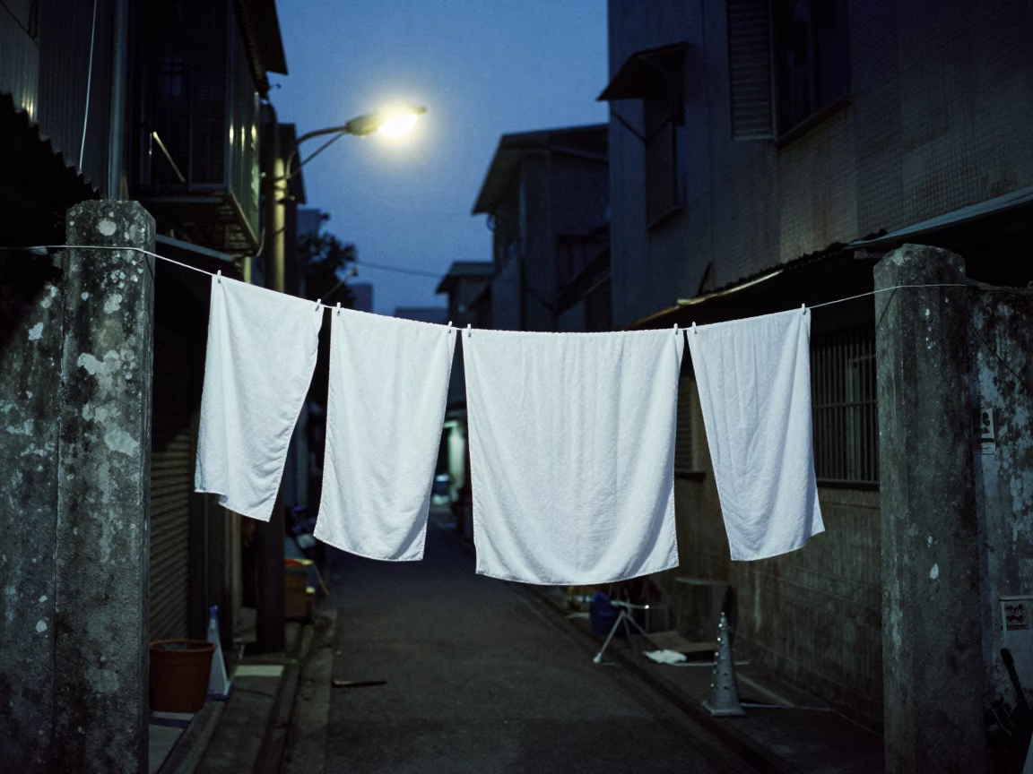 Predawn Kaohsiung street scene with drying towels and wind farm crane in in Kaohsiung, Taiwan
