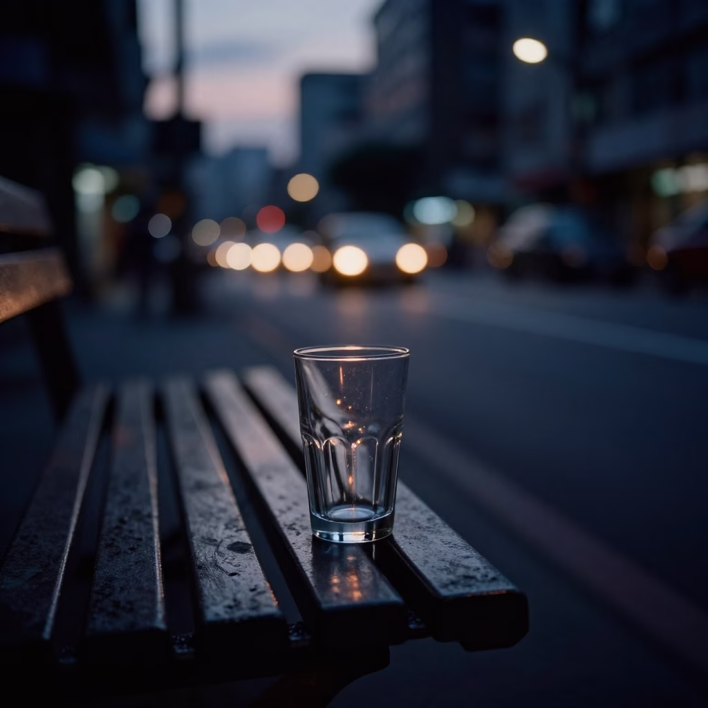 Predawn Kaohsiung Street Scene with Glass Cup and Metal Bench in Taiwan in in Kaohsiung, Taiwan