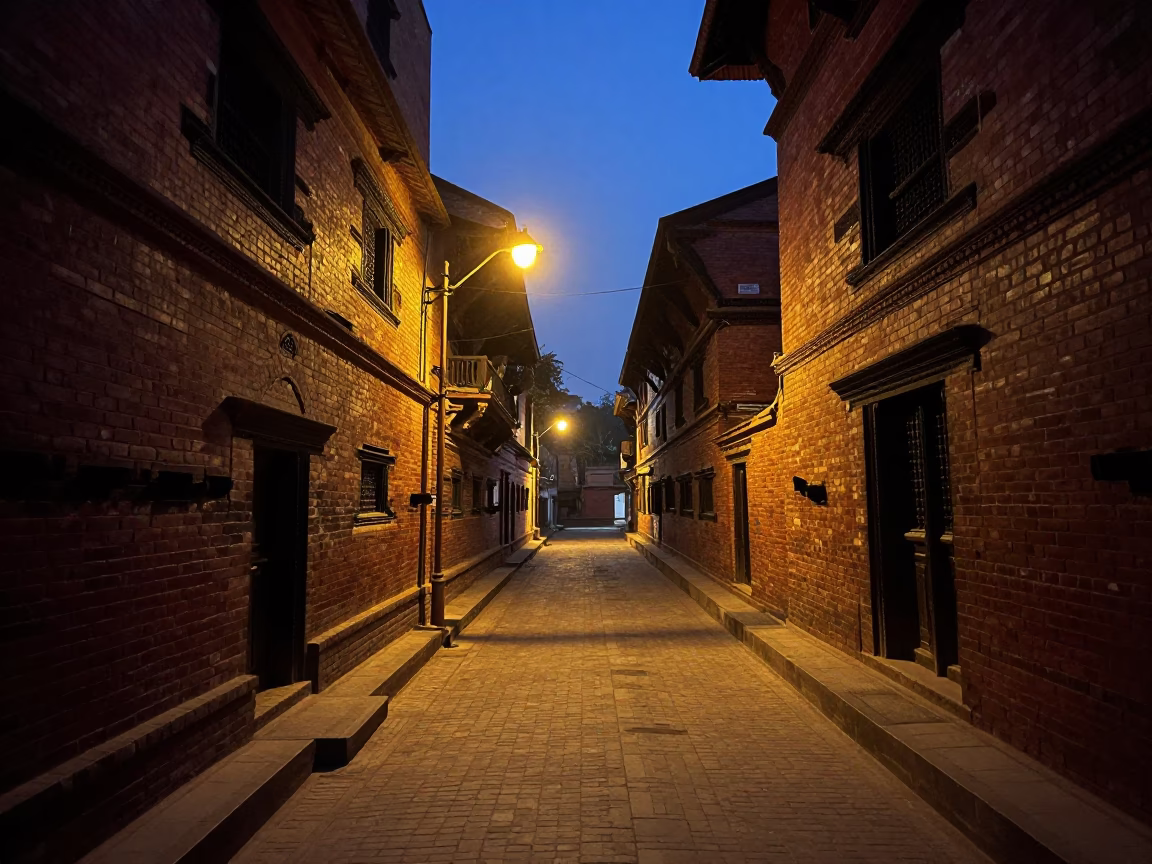 Predawn Kathmandu Street Scene with Brick Walls and Dim Streetlight in in Kathmandu, Nepal