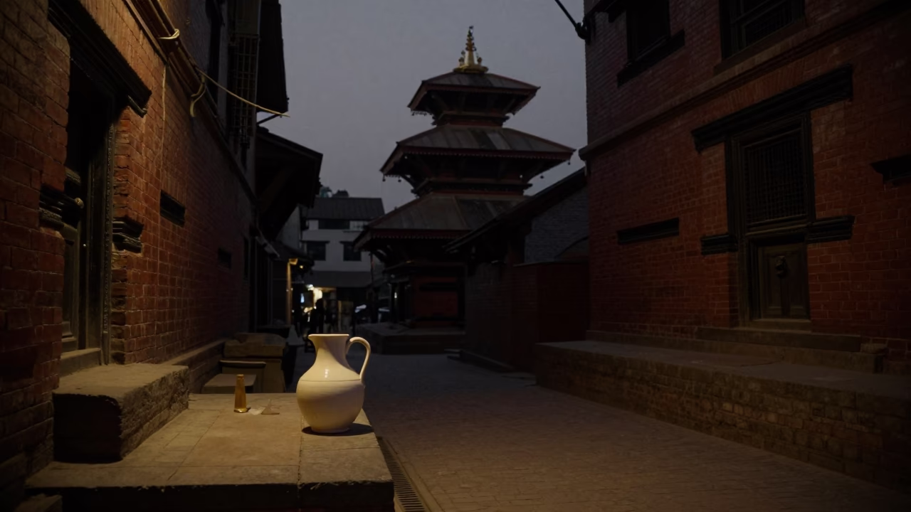 Predawn Kathmandu Street Scene with Ceramic Pitcher and Oil Sheen Puddle in in Kathmandu, Nepal