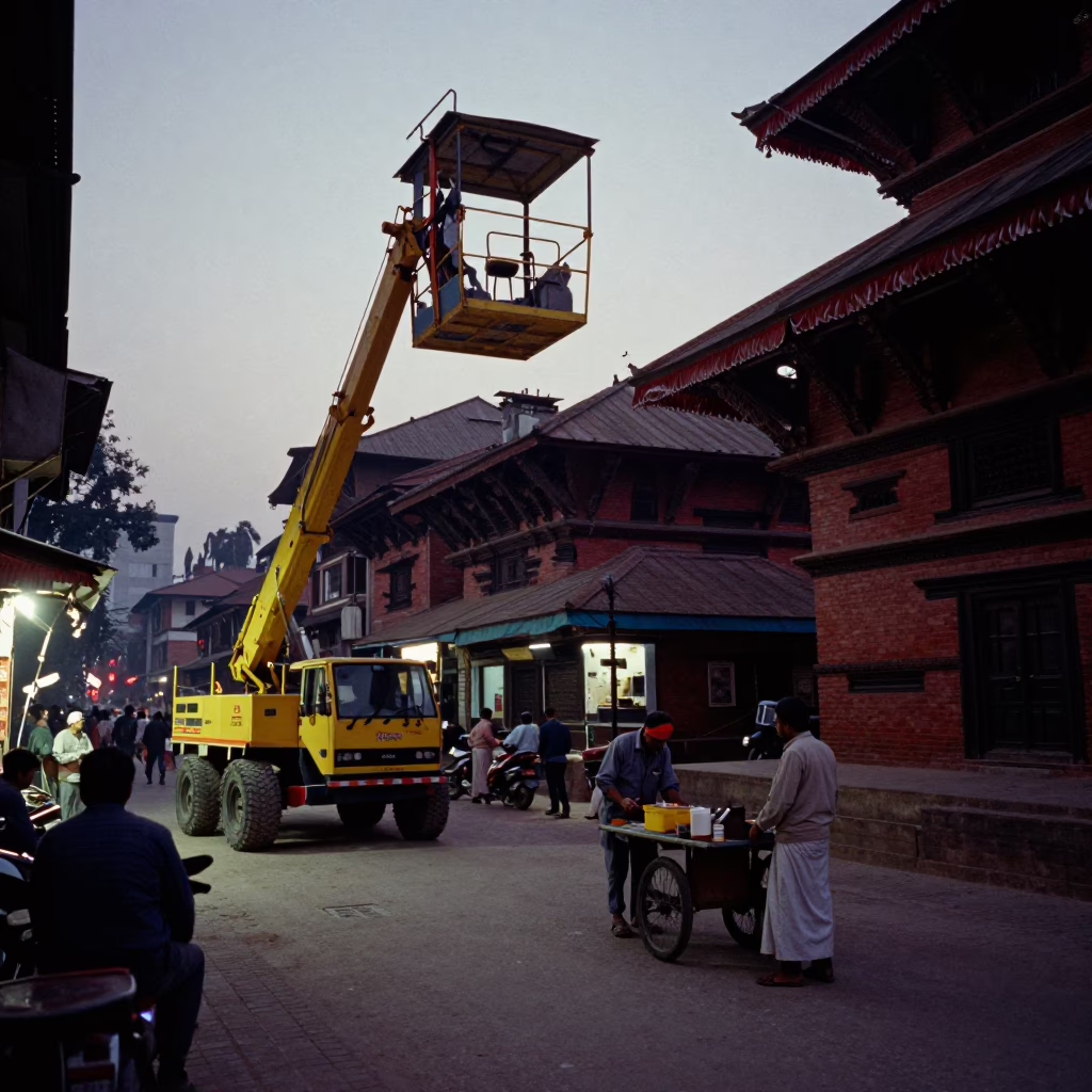 Predawn Kathmandu Street Scene with Construction Elevator and Enamel Pitcher in in Kathmandu, Nepal