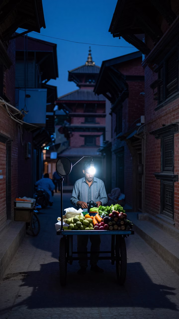 Predawn Kathmandu Street Scene with Hand Mirror and Local Commerce in in Kathmandu, Nepal