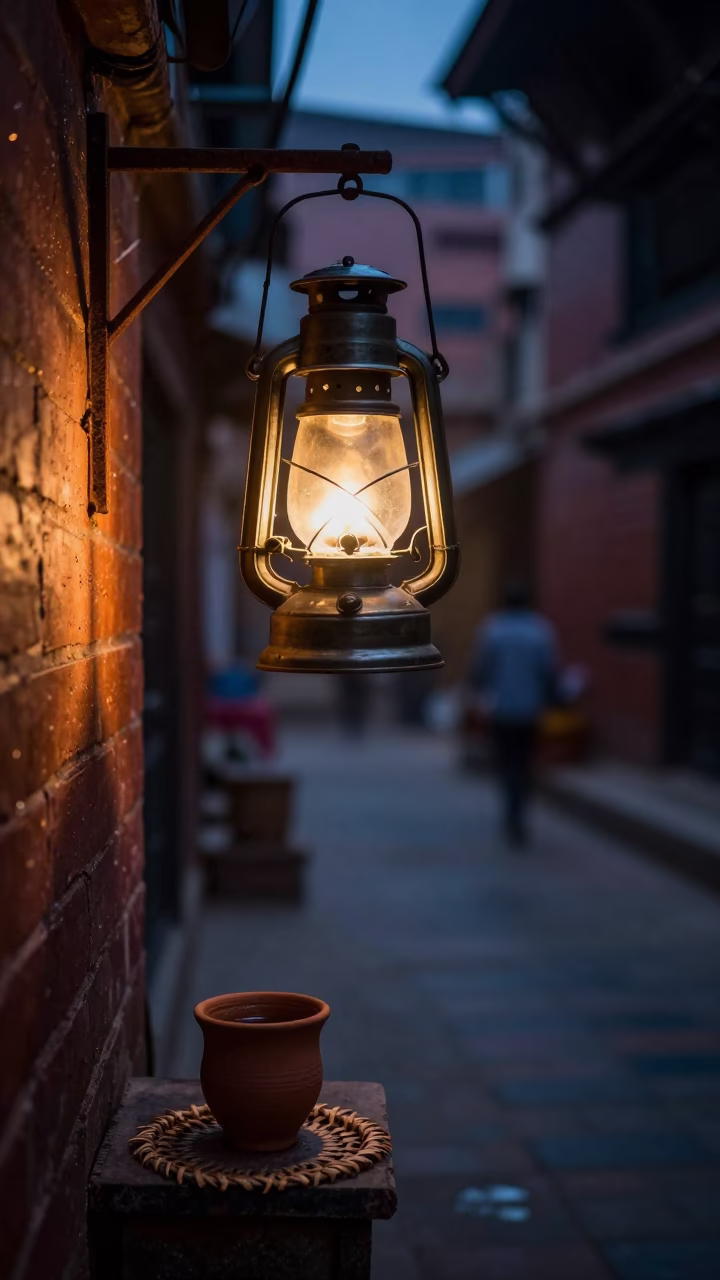 Predawn Kathmandu Street Scene with Hurricane Lamp and Tea Stains in in Kathmandu, Nepal