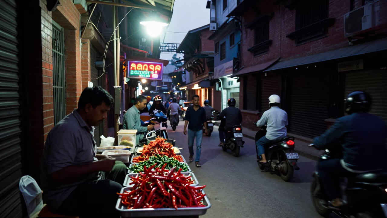 Predawn Kathmandu Street Scene with Neon Signs and Busy Alleyway in Nepal in in Kathmandu, Nepal