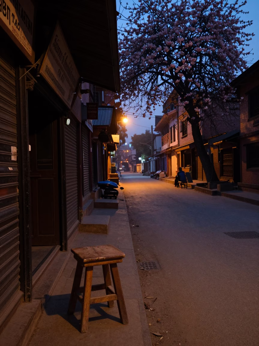 Predawn Kathmandu Street Scene with Wooden Stool and Dogwood Tree in Nepal in in Kathmandu, Nepal