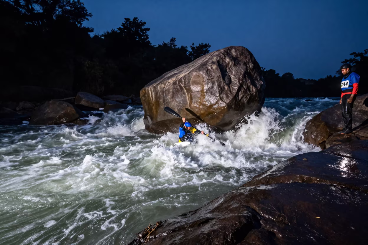 Predawn Kayaker Eddy Turn Behind Boulder in at a roadside stop near Atbarah
