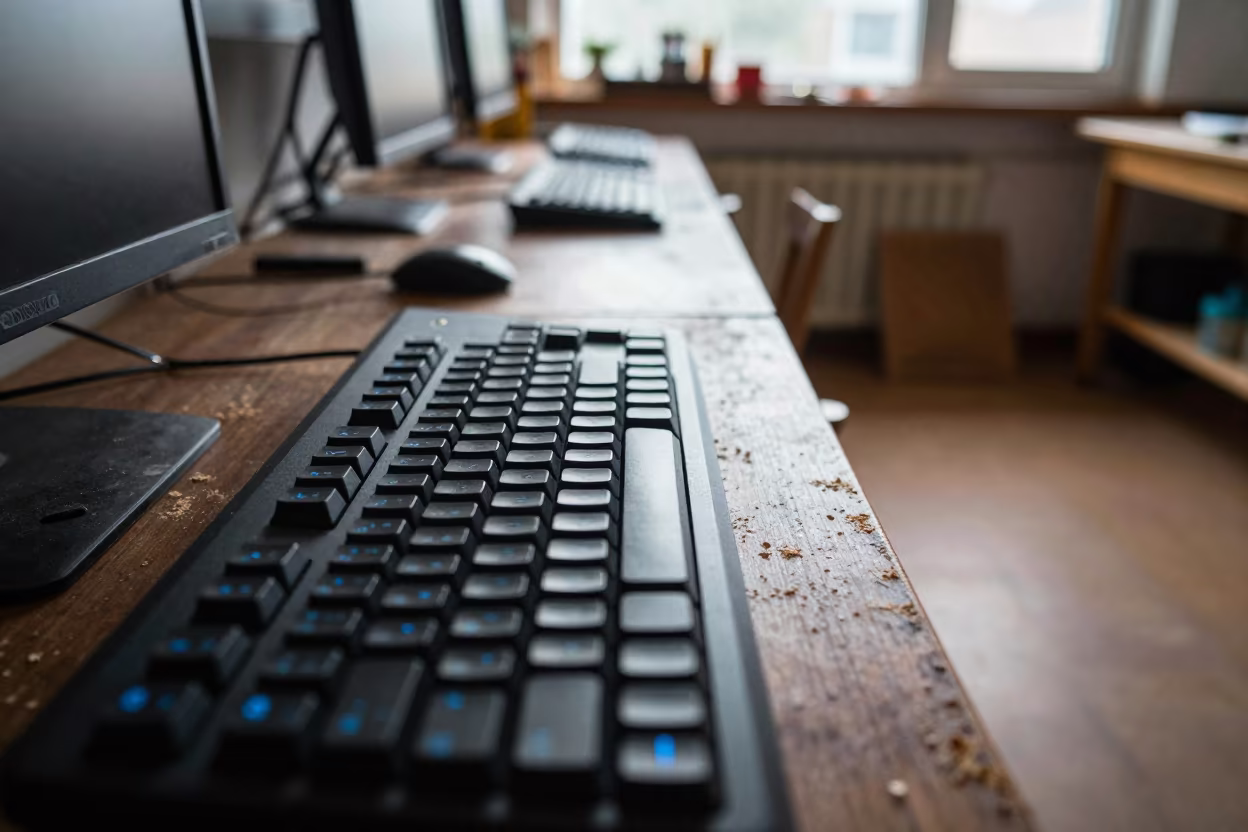 Predawn Keyboard Glow in Hamburg Woodshop in in a woodshop classroom near Hamburg