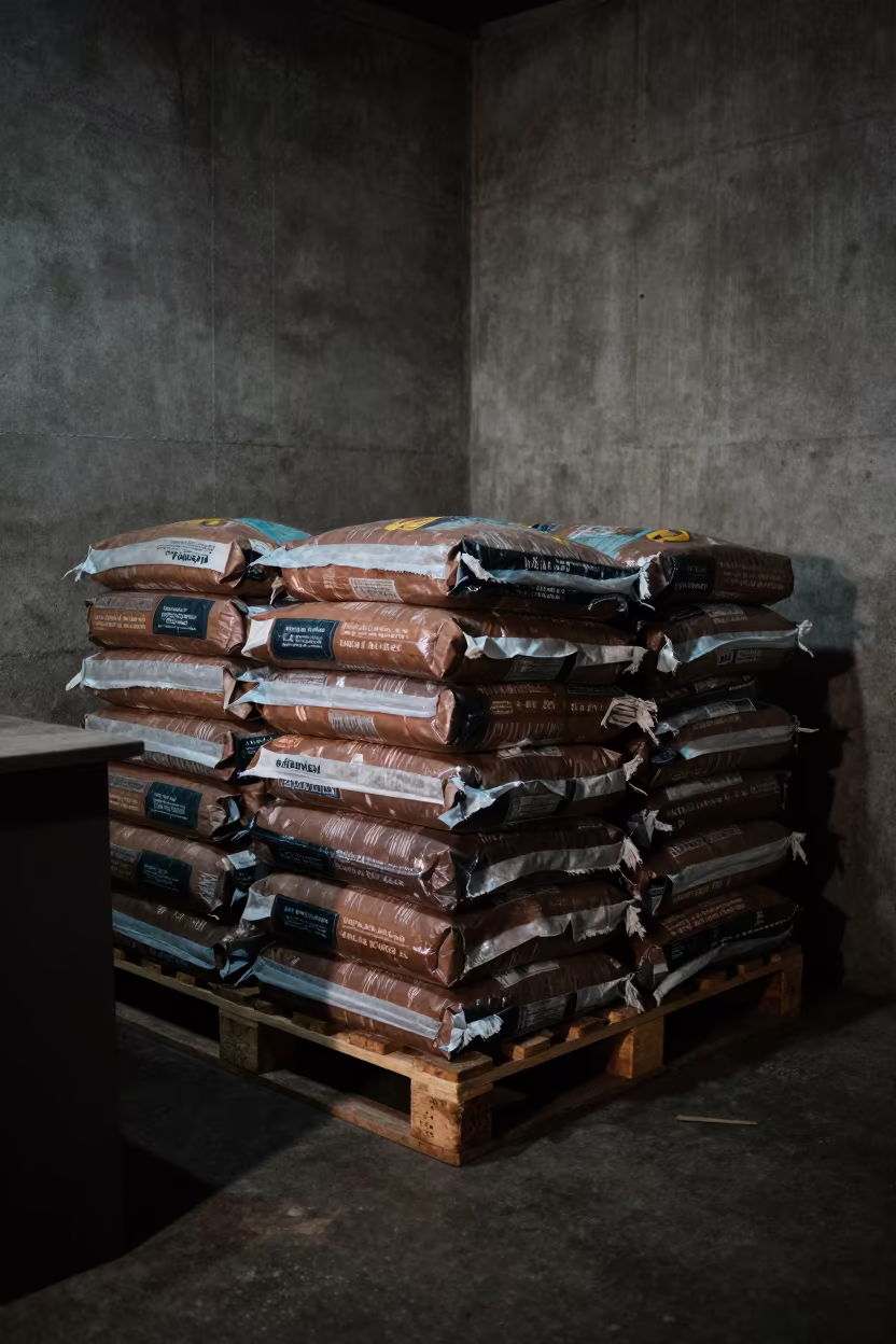Predawn Kibble Pallet in Kitale Back Room in inside a fish bagging counter zone in Kitale