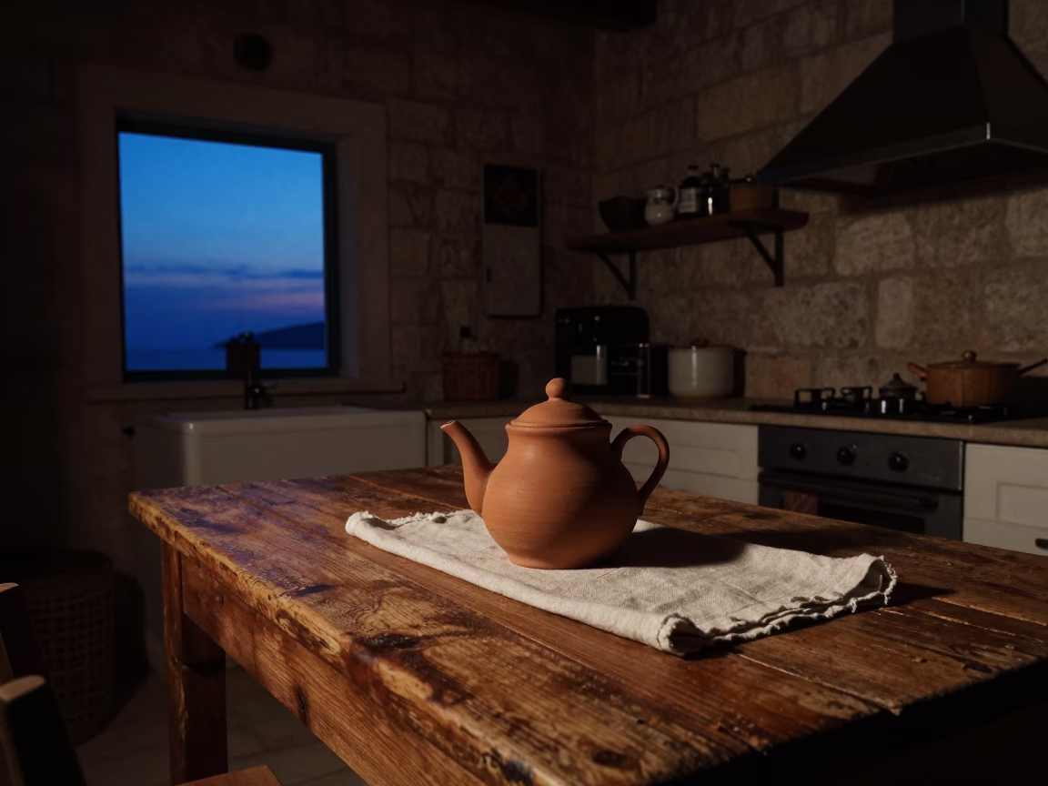 Predawn Kitchen Interior in Dubrovnik Croatia with Clay Teapot and Linen in in Dubrovnik, Croatia