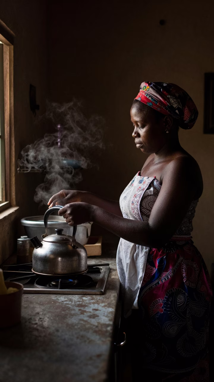 Predawn Kitchen Scene in Accra Ghana with Kettle and Linen in in Accra, Ghana
