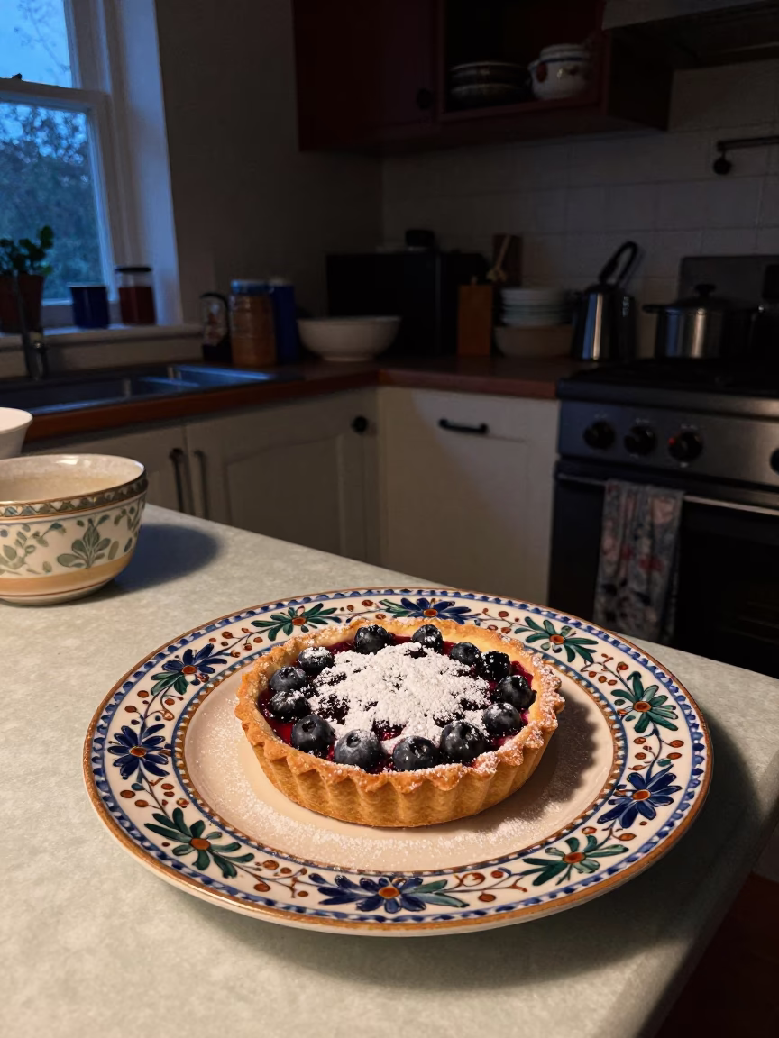 Predawn Kitchen Scene in Bristol Home with Vintage Majolica Plate and Berry Tart in in Bristol, United Kingdom