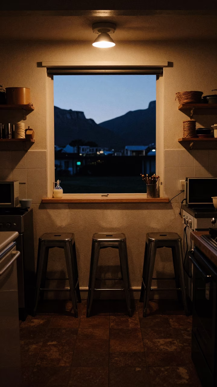 Predawn Kitchen Scene in Cape Town South Africa with Metal Stools and Twine in in Cape Town, South Africa