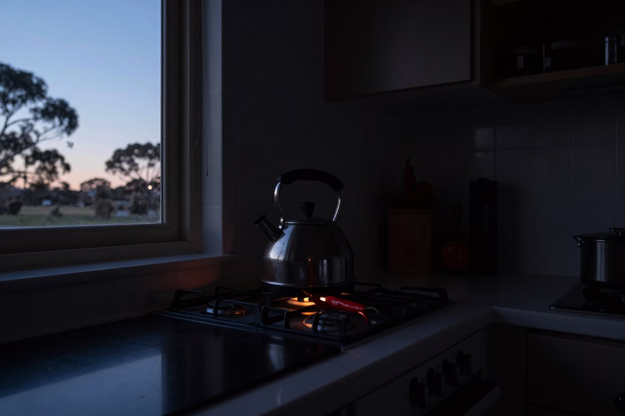 Predawn Kitchen Scene in Perth Western Australia with Kettle and Chili Peppers in in Perth, Western Australia, Australia