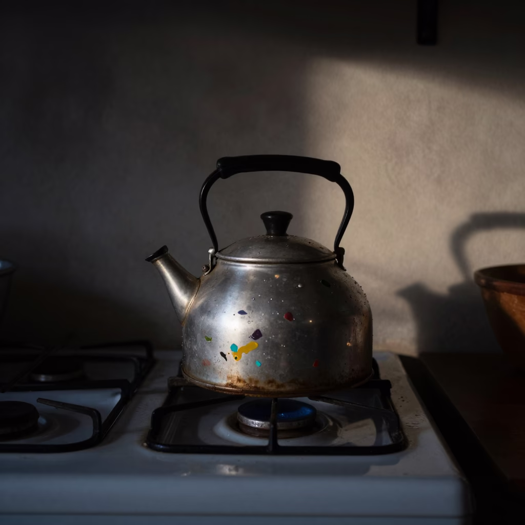 Predawn Kitchen Scene in Salvador Brazil with Kettle and Paint Flecks in in Salvador, Brazil