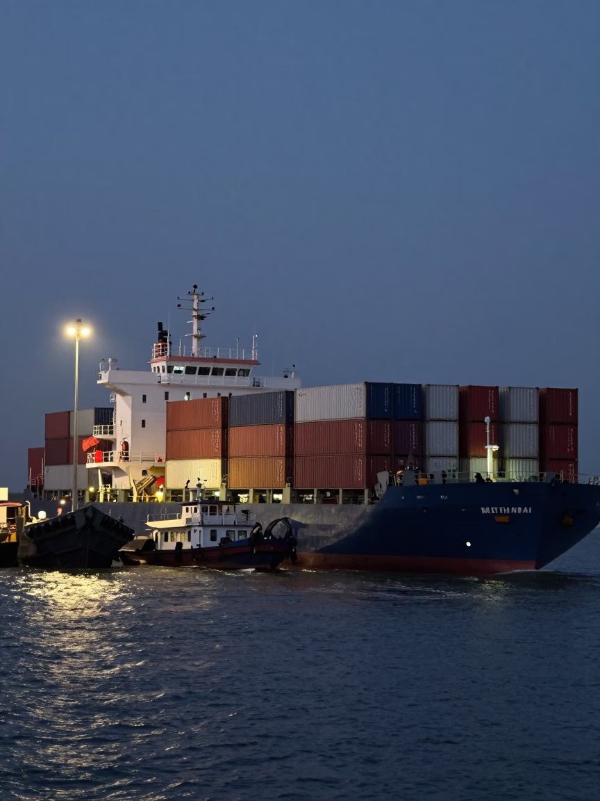 Predawn Kochi Port Scene with Pilot Boat Guiding Container Ship in India in in Kochi, India