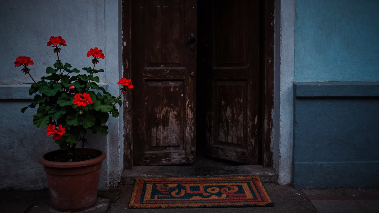Predawn Kochi Street Scene with Geraniums and Doormat in 1980s India in in Kochi, India