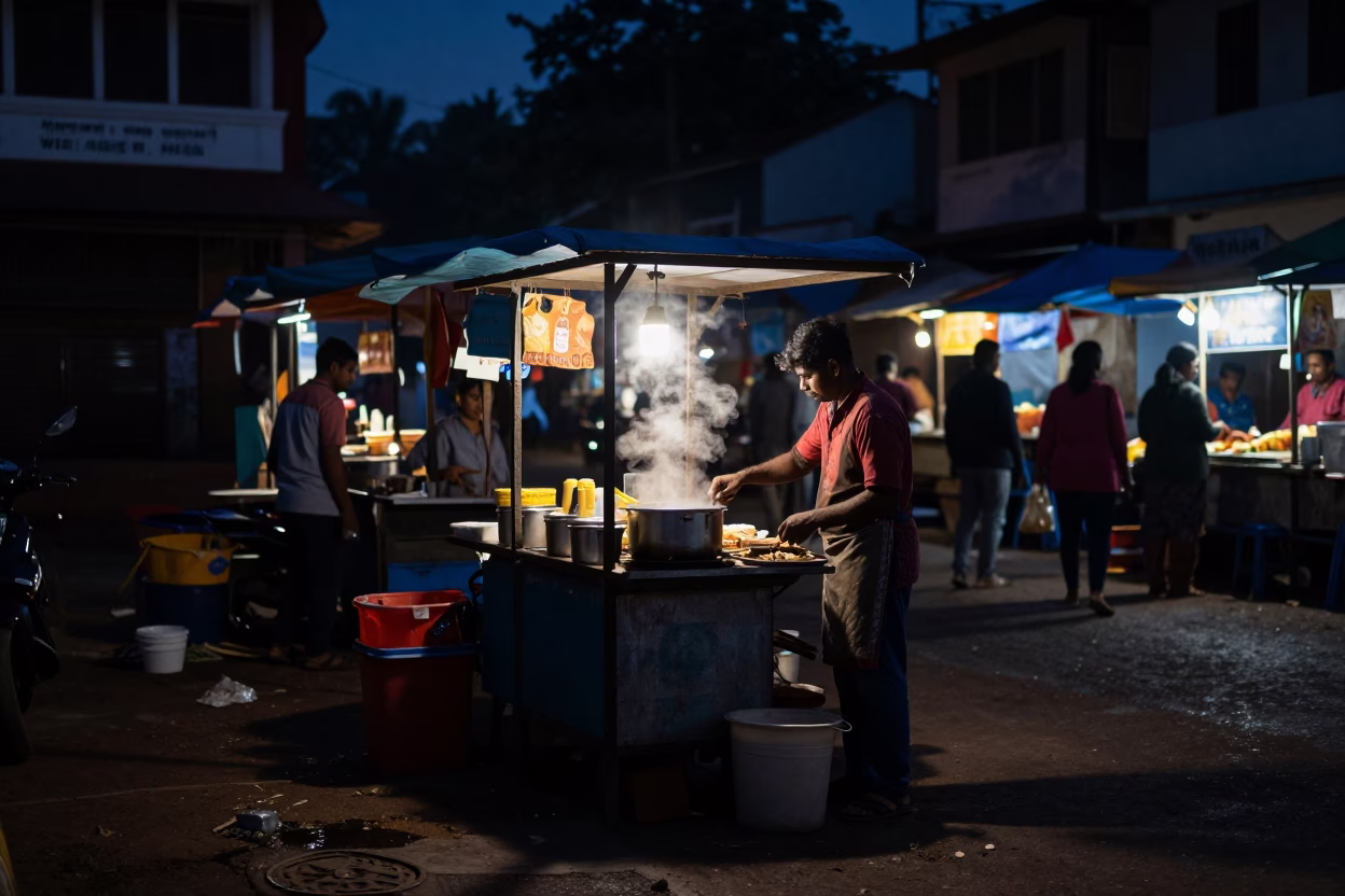 Predawn Kochi Street Scene with Night Market Food Court Activity and Local Vendor Interaction in in Kochi, India