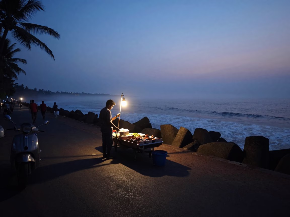 Predawn Kochi Street Scene with Street Vendor and Sea Fog in in Kochi, India