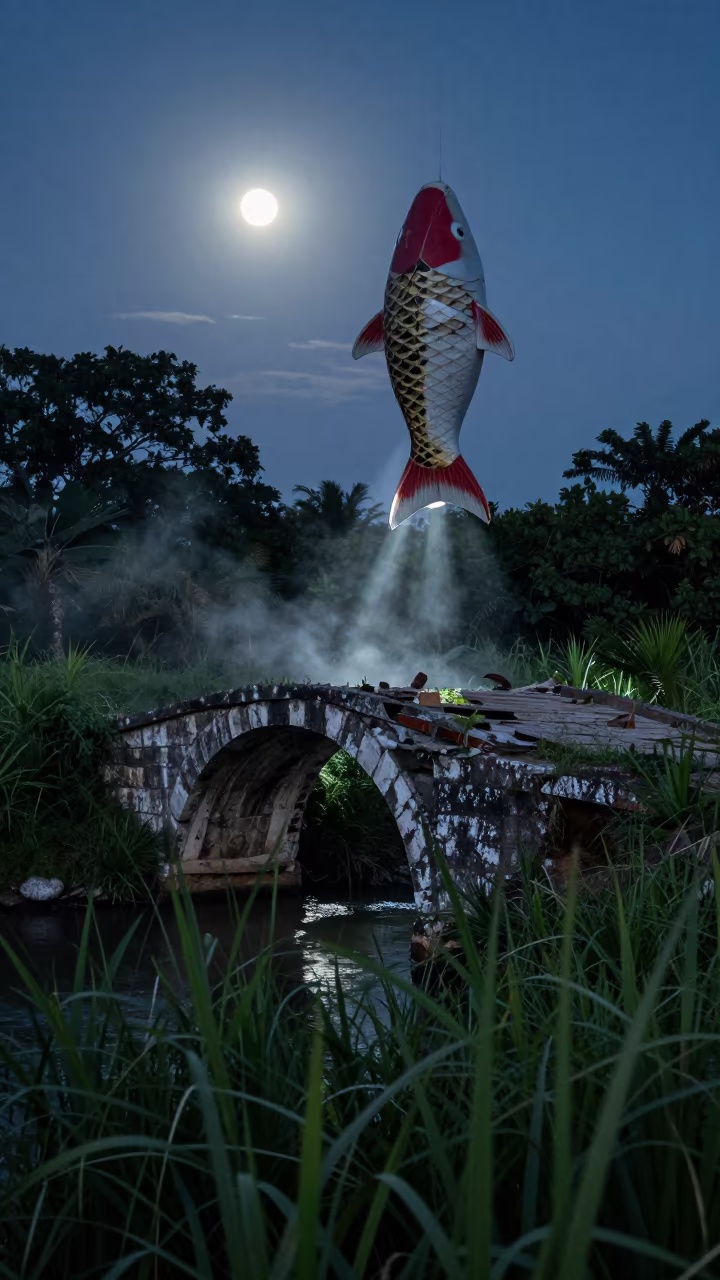 Predawn Koi Over Belize Ruin Monsoon Night in through a courtyard reclaimed by grasses in Belize