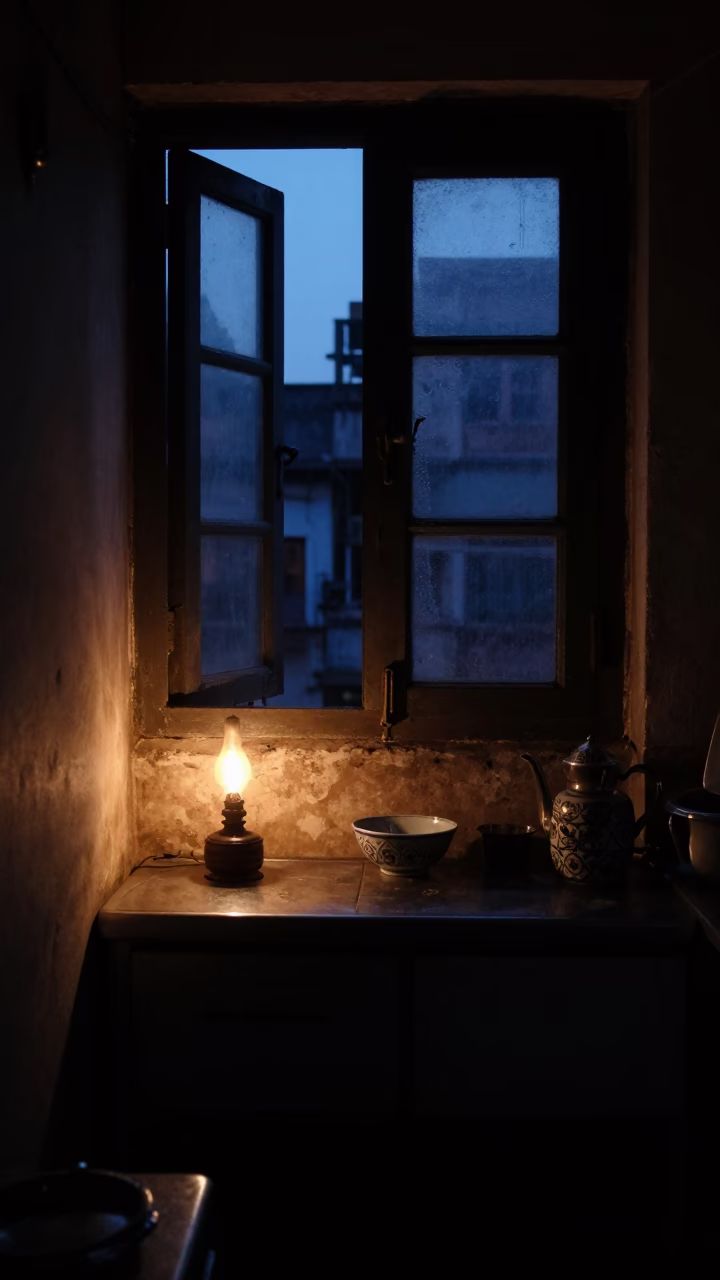 Predawn Kolkata Street Kitchen with Oil Lamp and Porcelain Bowl in in Kolkata, India