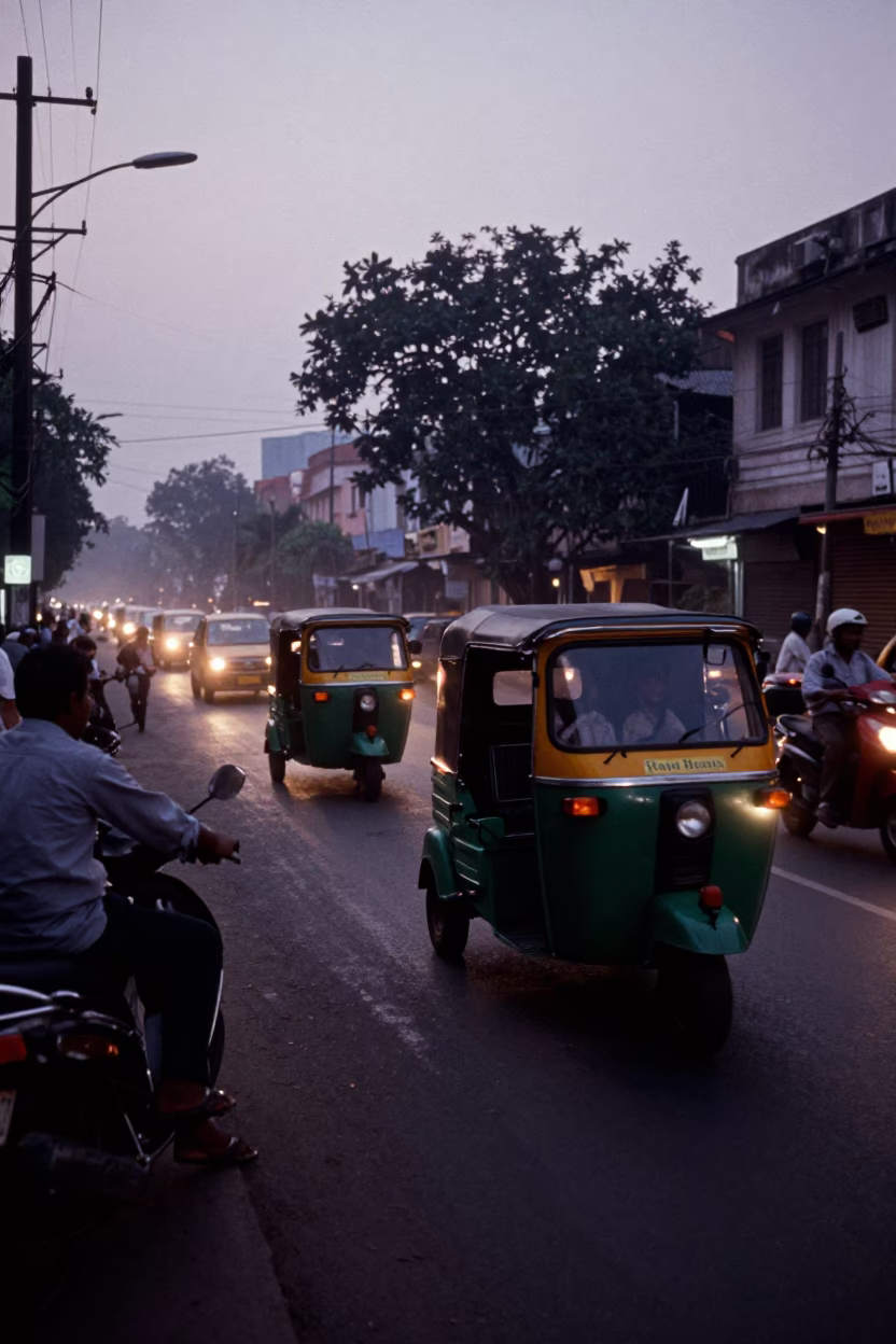 Predawn Kolkata Street Scene with Auto-Rickshaw and Vendor in 1980s India in in Kolkata, India