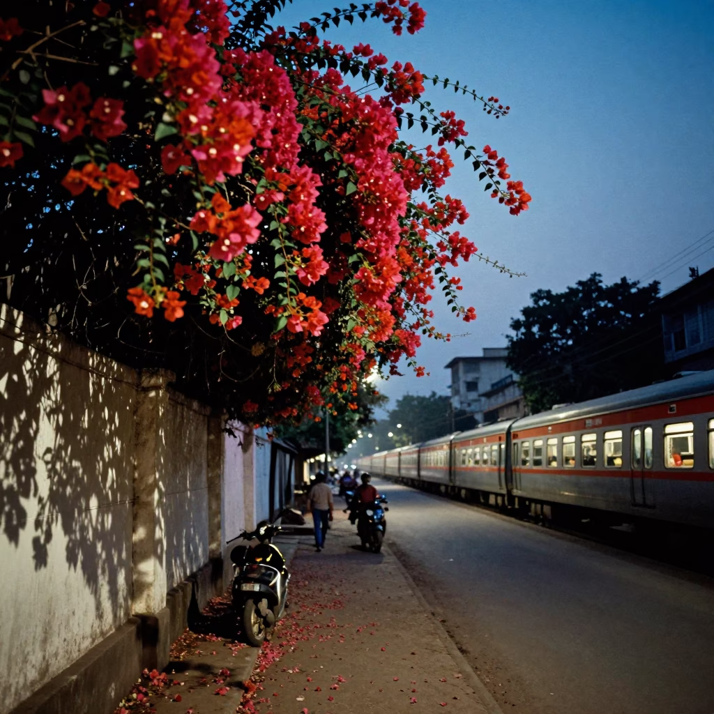 Predawn Kolkata Street Scene with Bougainvillea and Night Train Bridge in in Kolkata, India
