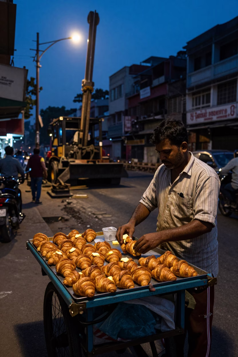 Predawn Kolkata Street Scene with Construction Pile Driver and Vintage Plate in in Kolkata, India