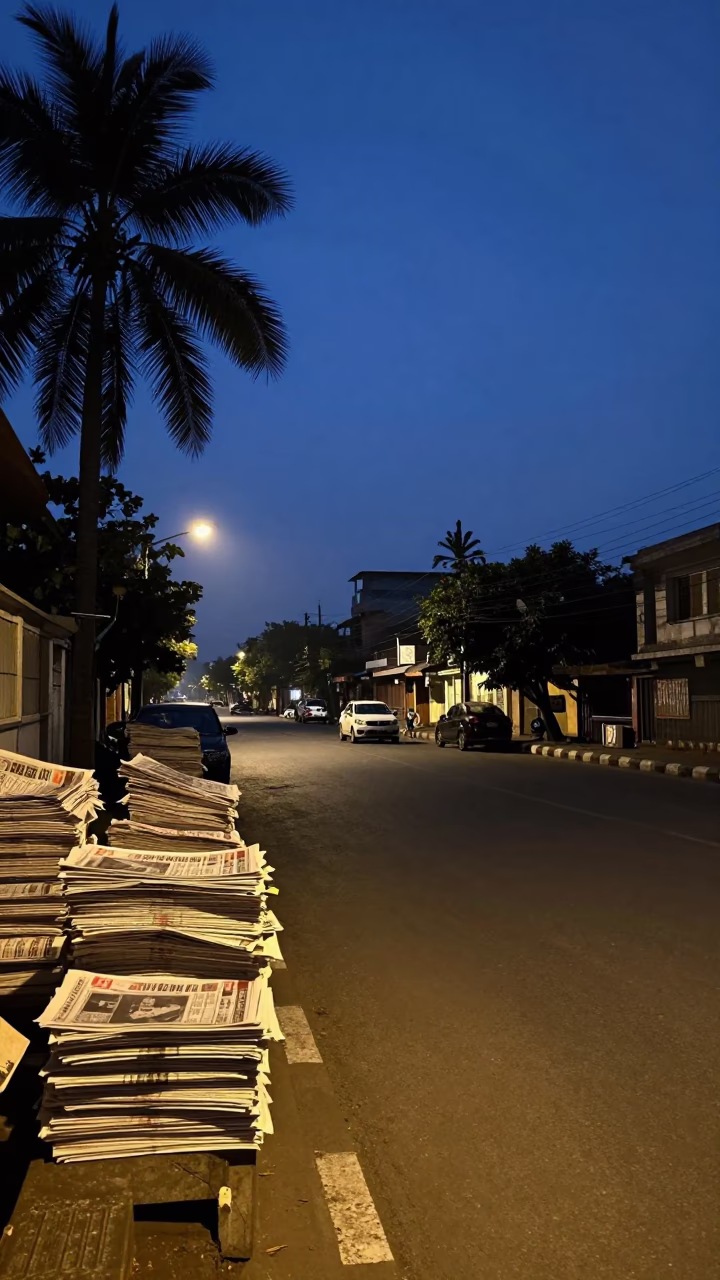 Predawn Kolkata Street Scene with Newspaper Stack and Palm Tree in in Kolkata, India