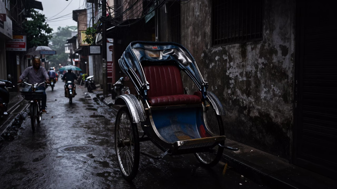 Predawn Kolkata Street Scene with Rickshaw in Rain and Damp Urban Architecture in in Kolkata, India