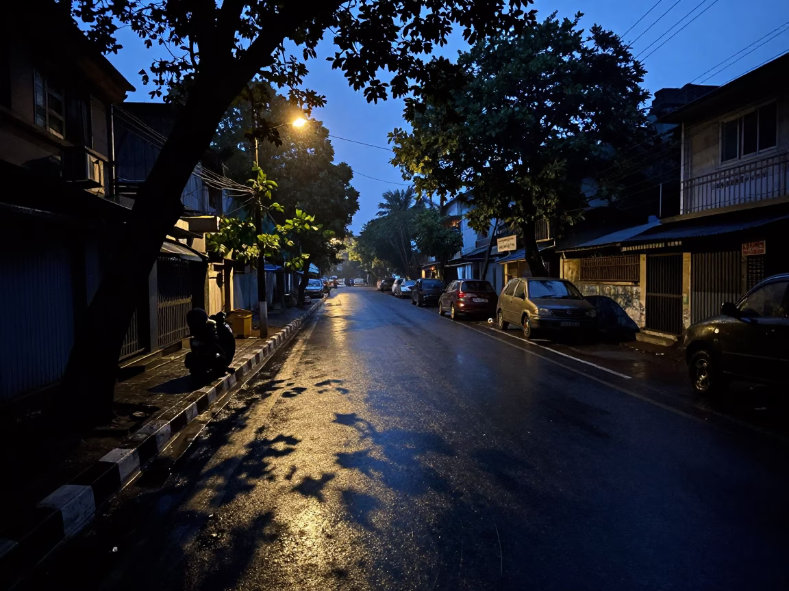 Predawn Kolkata street scene with wet pavement leaf shadows and distant dawn light in in Kolkata, India