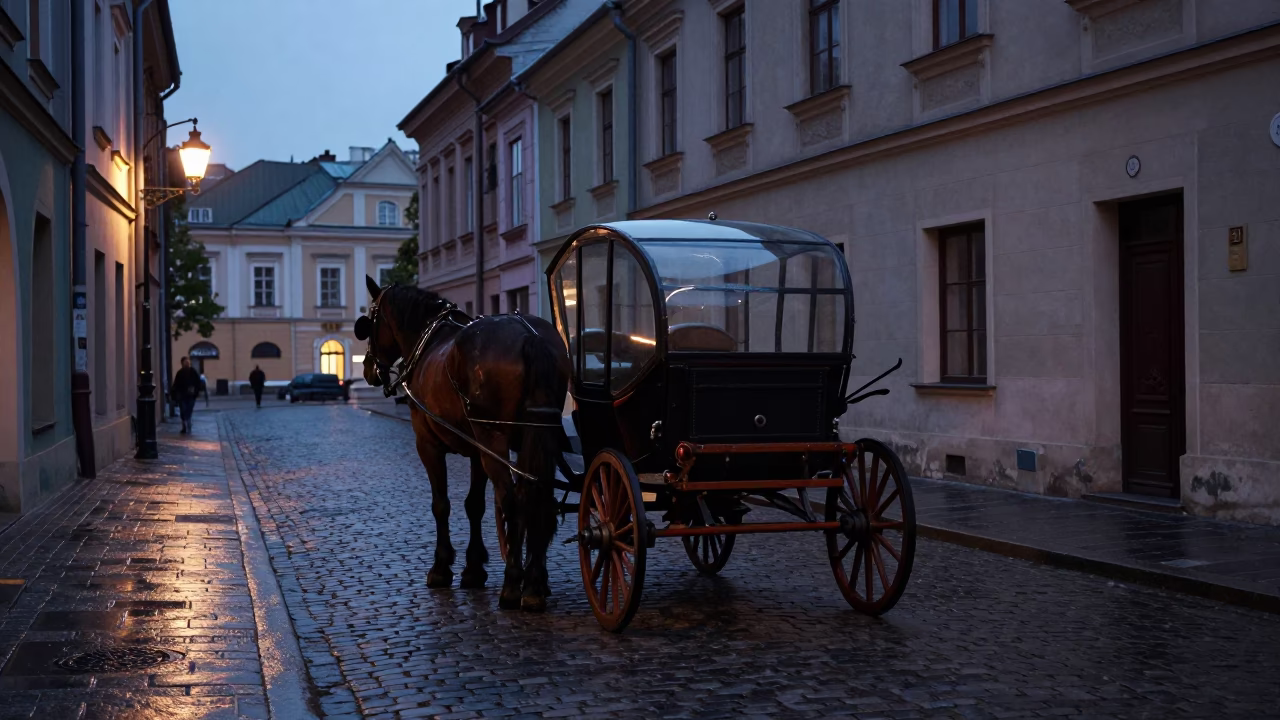 Predawn Krakow Cobblestone Street with Horse-Drawn Cart and Glass Jar in in Krakow, Poland