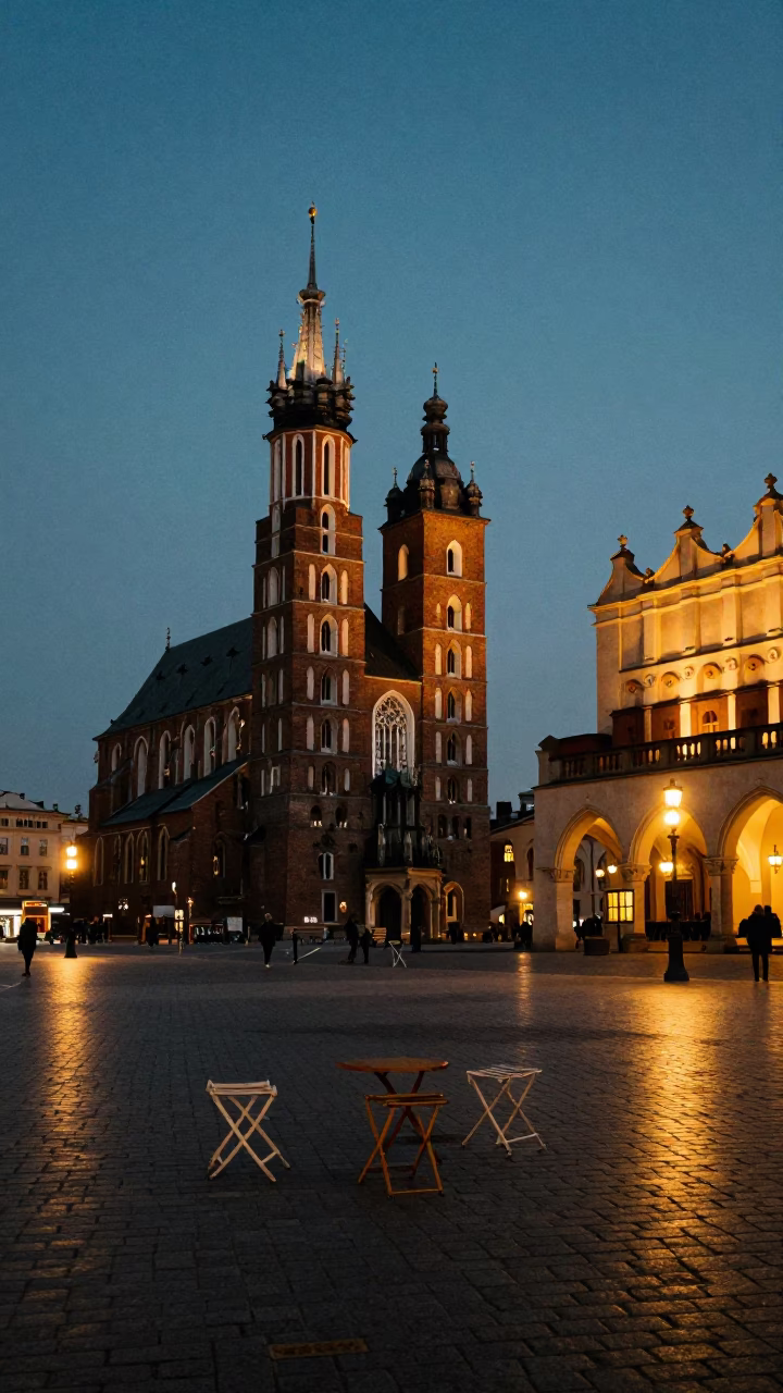 Predawn Krakow Market Square with Folding Stools and Urban Street Lights in in Krakow, Poland