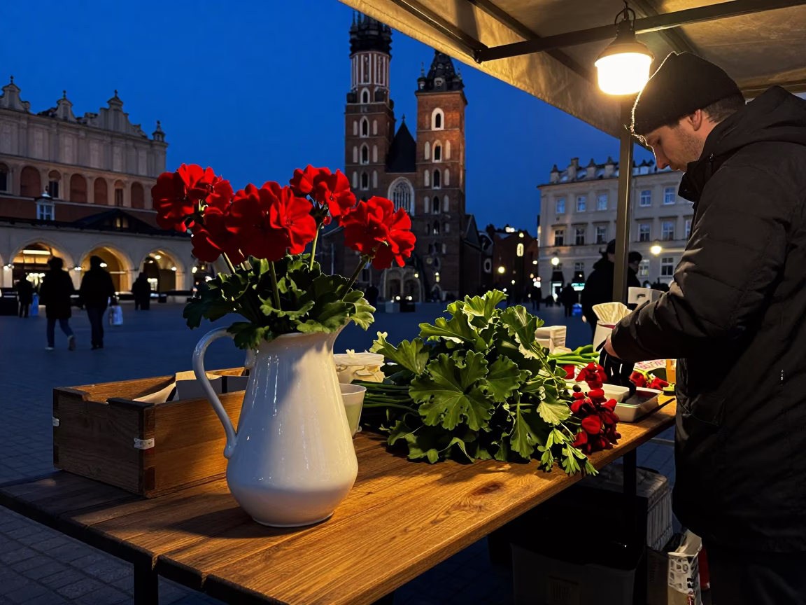 Predawn Krakow Market Stall with Ceramic Pitcher and Geraniums in Poland in in Krakow, Poland