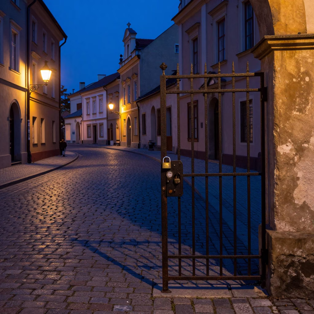 Predawn Krakow Old Town Cobblestone Street with Vintage Padlock on Iron Gate in in Krakow, Poland