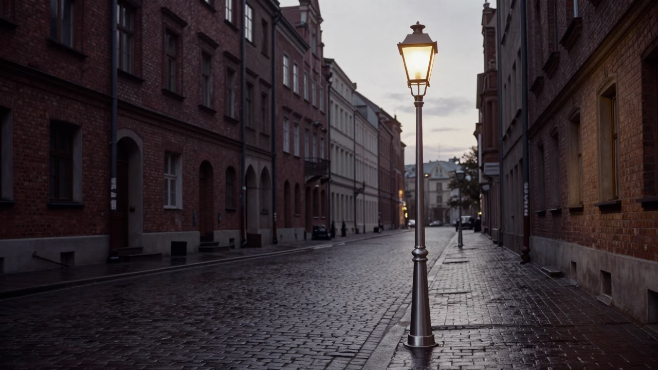 Predawn Krakow Poland Street Scene with Brushed Steel Lamp Base Illuminating Cobblestones in in Krakow, Poland
