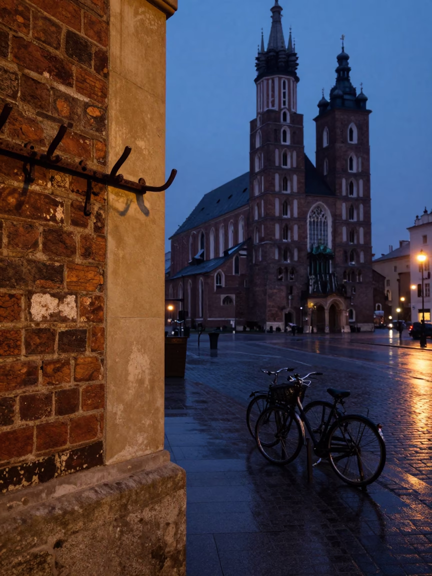 Predawn Krakow Poland Street Scene with Coat Hook and University Archway in in Krakow, Poland