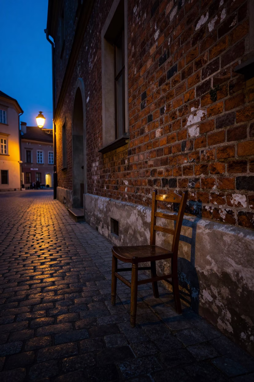 Predawn Krakow Poland Street Scene with Vintage Wooden Chair and Tool Box in in Krakow, Poland