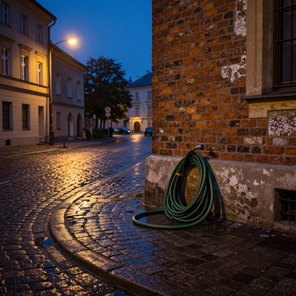 Predawn Krakow Street Corner with Garden Hose and Glazed Ceramic Near Main Market Square in in Krakow, Poland